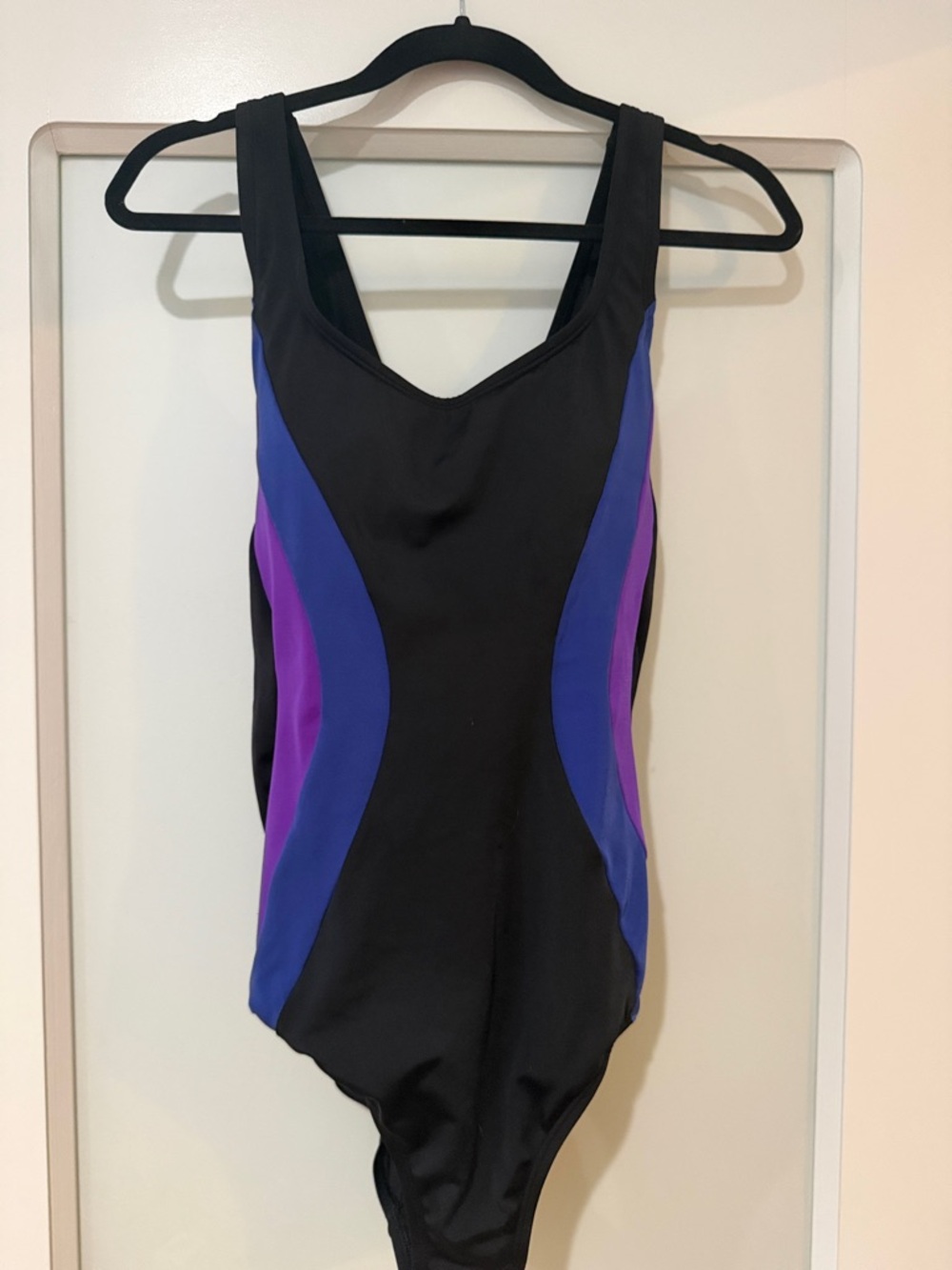 Lands End Black One-Piece Swimsuit with Blue and Purple Side Panels